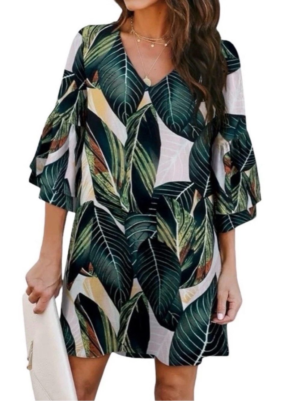 Belongsci Tropical Leaf Print Shift Dress Women’s XL V-Neck 3/4 Sleeve Back Zip